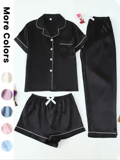 Women's Satin Sleepwear Set, 3-Piece Pajama with Button Front Top & Bow Shorts, Casual Home Wear for Women