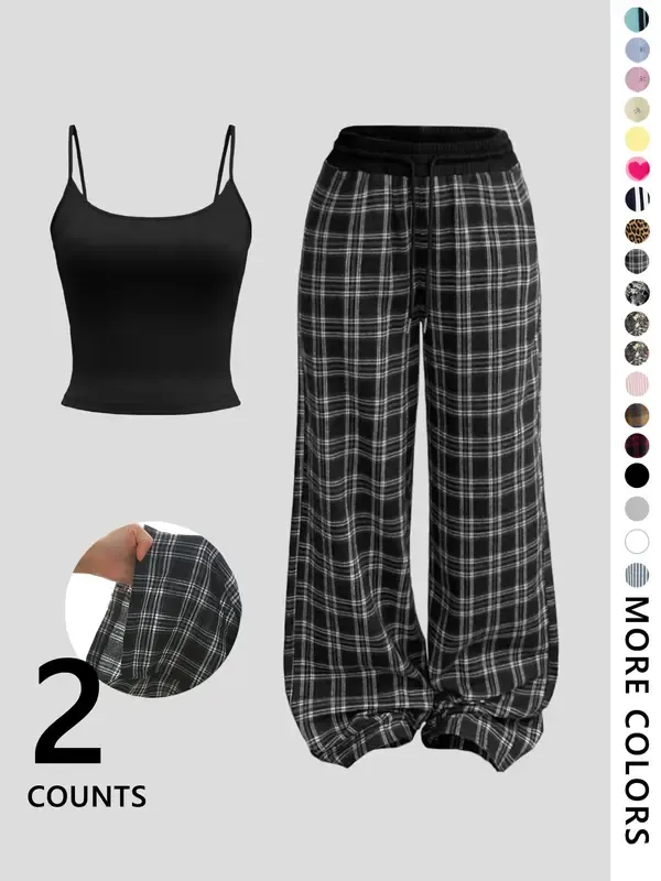 Two-Piece Set Women's Plain Crop Tank Top & All Over Plaid Print Pants, Casual Fashion Cozy for Daily Outdoor Wear, Ladies Clothes for All Seasons, Suits