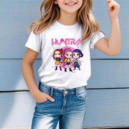 HOT! Kpop Demon Hunters Shirt, Huntrix Girl T-Shirt, Girls Casual Short Sleeve T-Shirts Anime Style Soft Round Neck Tees Comfortable Daily Wear Top for Toddler Teenage Kids