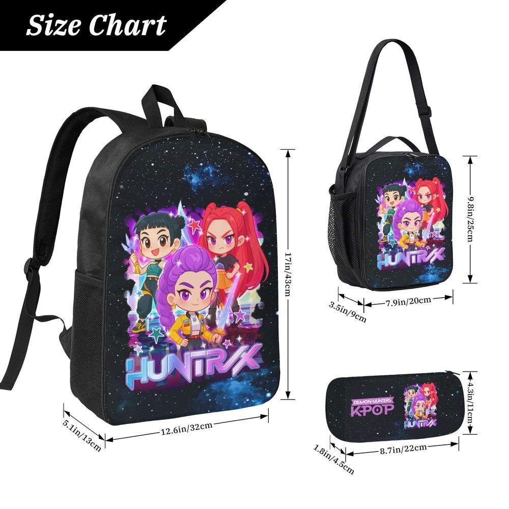 3PCS Functional K-POP Demon Hunters Backpack Set - Black Large Capacity Laptop Schoolbag + Portable Lunch Bag + Pencil Case, Fashionable Bag for Teens Men Women, Perfect for Daily Use & Gift Giving