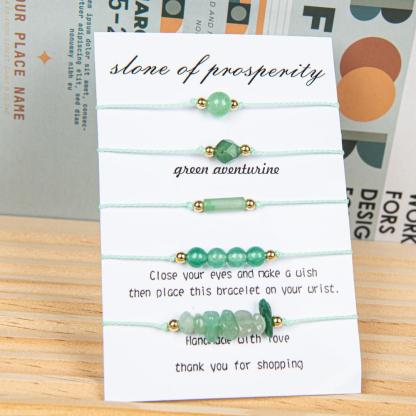 5 Pcs Green Dong ling Natural Adjustable Braided Bracelet, Jewelry Gift For Your Girlfriend On Valentine's Day, Includes Card Descriptions, Elegant Handcrafted Natural Stone Bead Crystal Bracelet Prosperity Handmade Wish