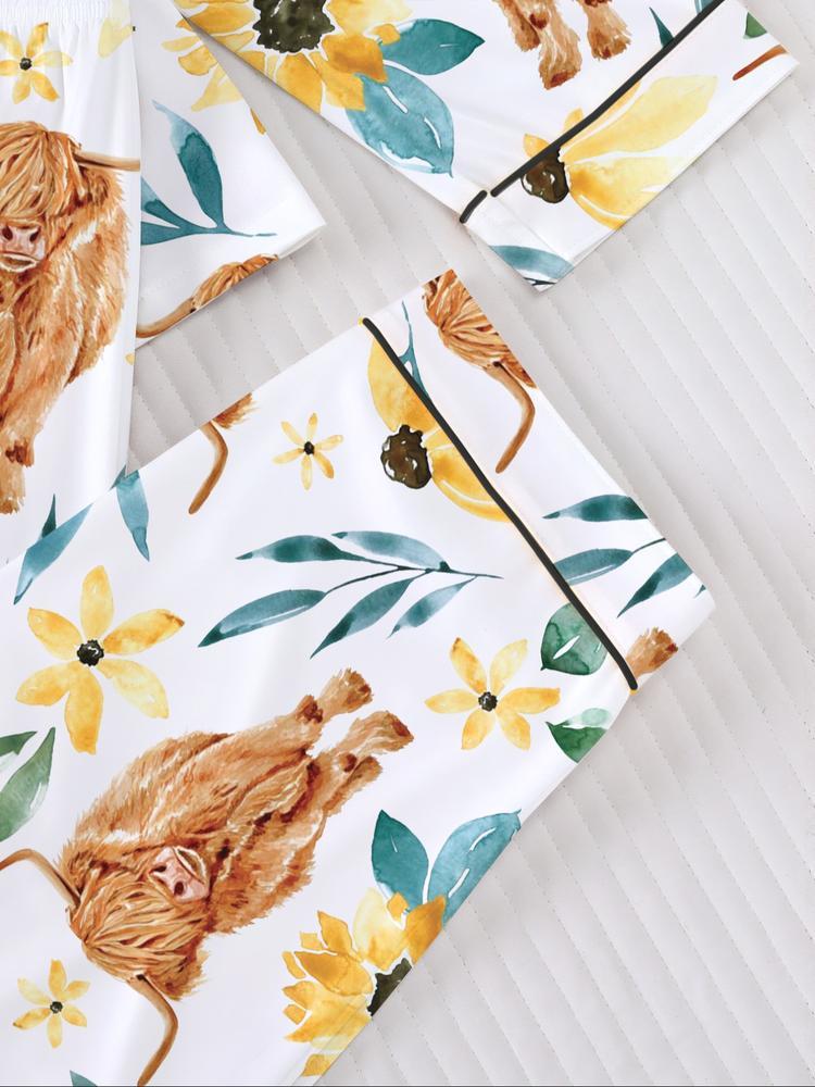Women's Long Sleeve Sleepwear Set, Highland Cow & Sunflower Print, Soft Fabric, Elegant Casual, Comfortable Flap Collar Top