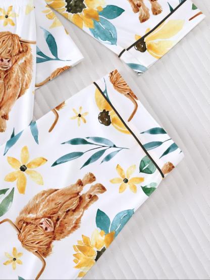 Women's Long Sleeve Sleepwear Set, Highland Cow & Sunflower Print, Soft Fabric, Elegant Casual, Comfortable Flap Collar Top