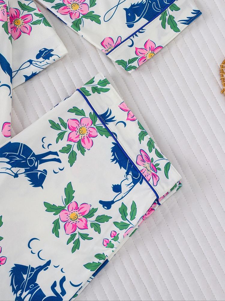 Women's Floral & Horse Print Pajama Set, Long Sleeve Button Front Top, Elastic Pants, Casual Fall Winter Sleepwear