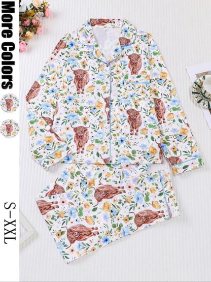 Women's 2-Piece Sleepwear Set, Highland Cow Print, Soft Shirt Collar Top & Elastic Pants, Casual Home Wear for Fall Winter