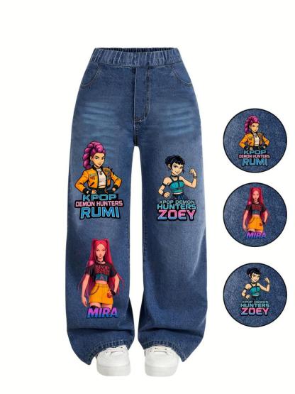 "hunters' Girl" Printed Denim Jeans for Girls, Cute Portrait Design, Trendy Streetwear for Ages 8-12, Perfect for Young Fashionistas