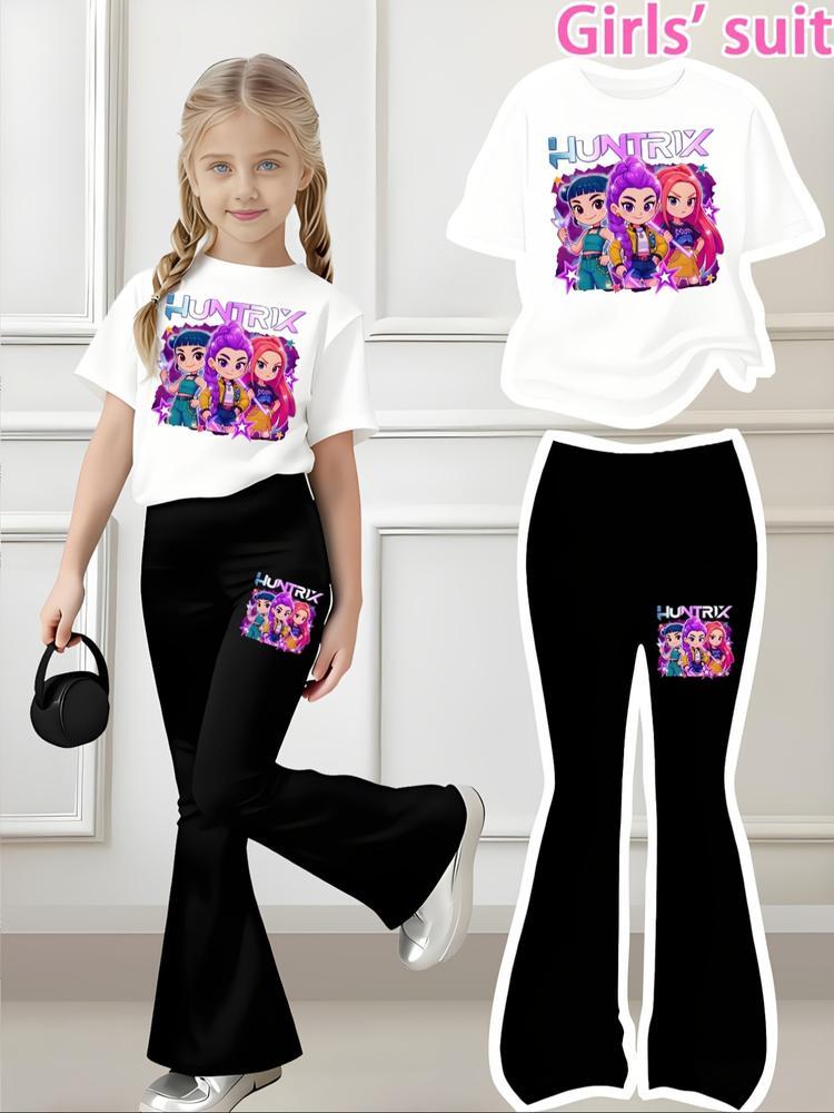Girls' Kpop Print 2-Piece Set, Casual Sporty Short Sleeve & Bell Bottoms, Comfortable Elastic Waist Pants, Spring Summer