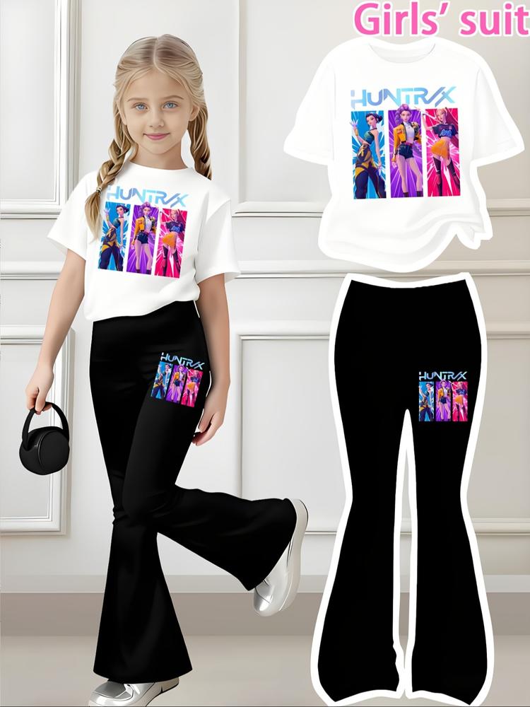 Halloween Christmas Costume Set, Witch Pattern Print 2-Piece Girls Casual Sports Short Sleeve & Bell Bottoms, Youth Trendy Sportswear