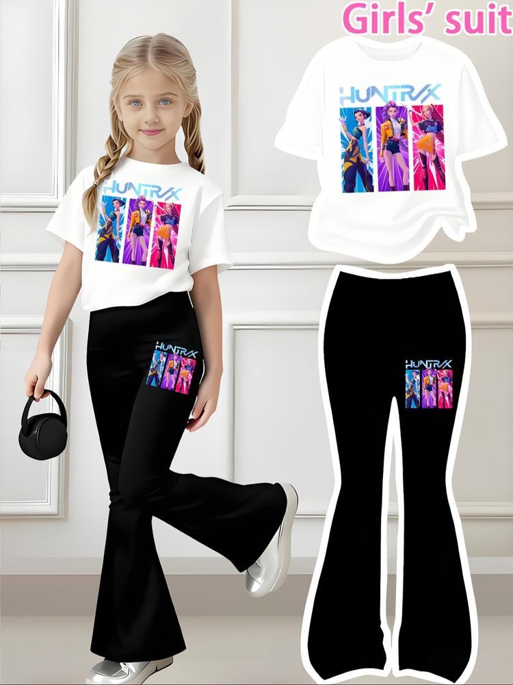 Halloween Christmas Costume Set, Witch Pattern Print 2-Piece Girls Casual Sports Short Sleeve & Bell Bottoms, Youth Trendy Sportswear