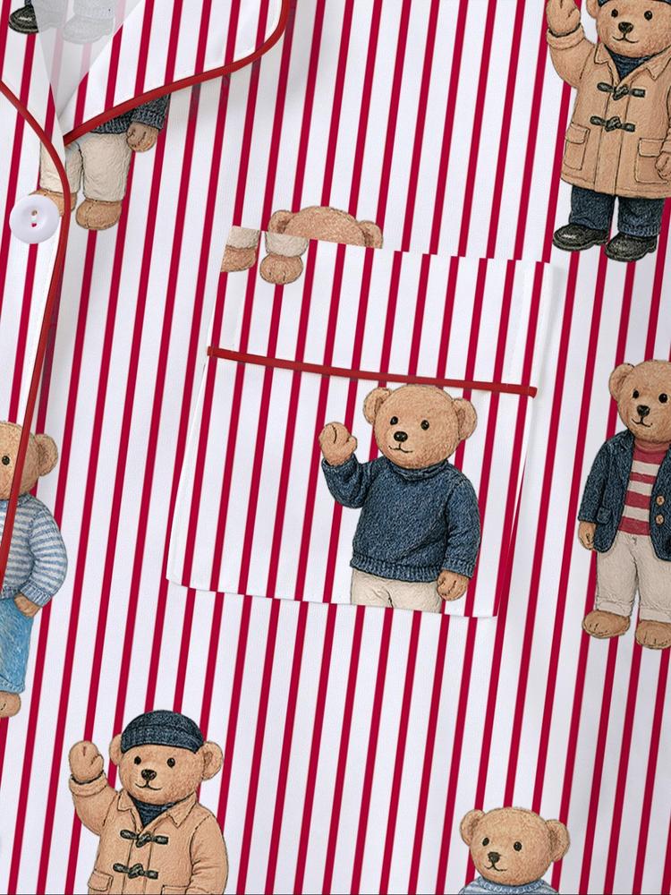 Women's Fall Winter Home Set, Cute Bear Print Pajamas, Casual Long Sleeve Shirt & Elastic Pants, Soft Stretch Fabric, Comfortable