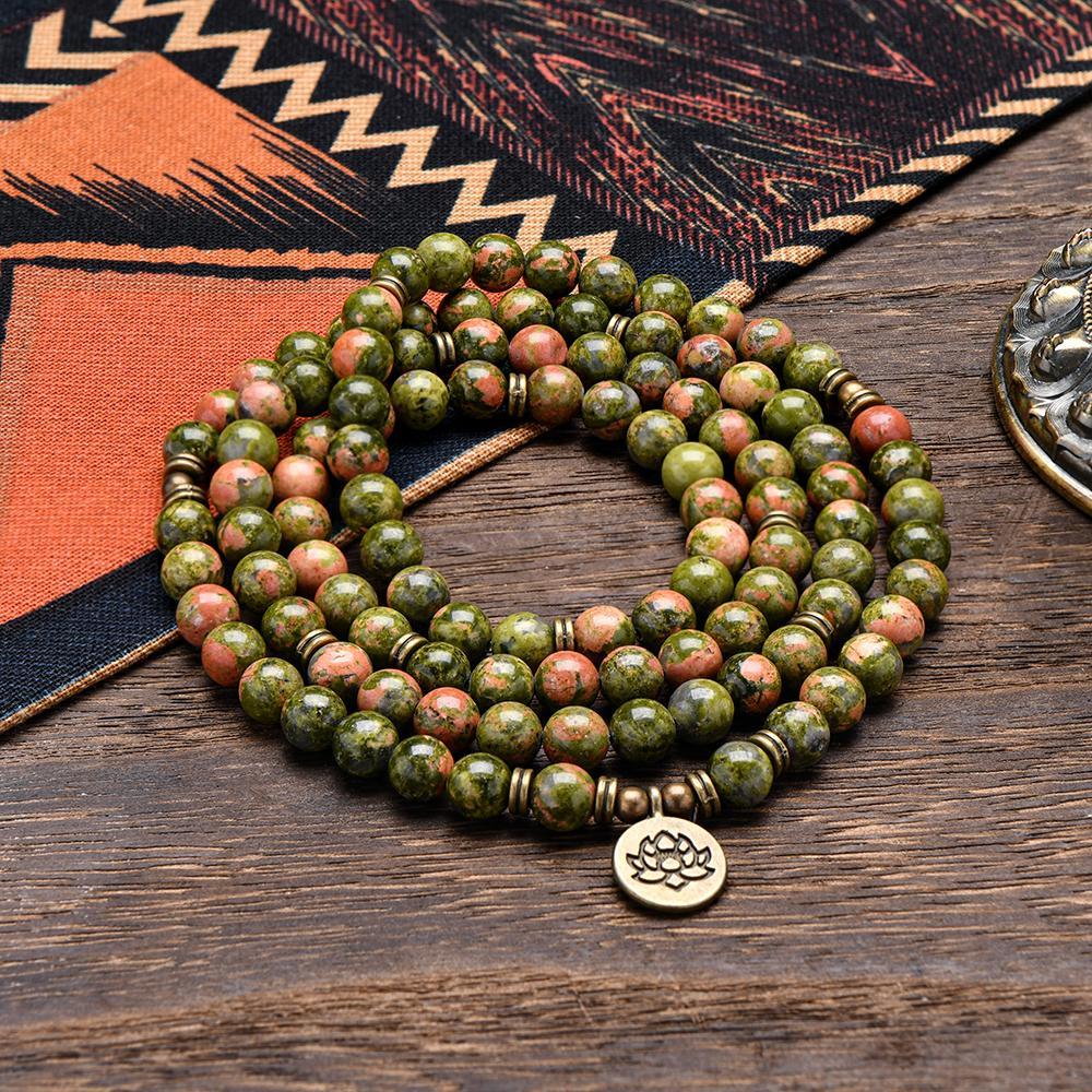 Unakite Healing Crystal Stone 108 Mala Beads Handmade Stacked Elastic Money Attraction Bracelet - Natural Stone Mindfulness Long Beaded Wrap  Genuine Gemstone Mala Prayer Beads Lotus Buddha Charm Yoga Japamala Jewelry Necklace , Elegant with Lotus Pendant