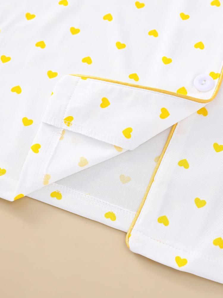 Women's Sleepwear Set, Heart Pattern, Elegant Casual, Comfortable Lapel Short Sleeve Top & Wide Leg Pants, Holiday Party Wear