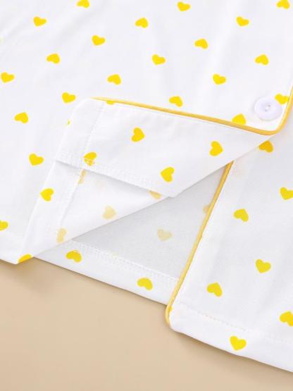 Women's Sleepwear Set, Heart Pattern, Elegant Casual, Comfortable Lapel Short Sleeve Top & Wide Leg Pants, Holiday Party Wear