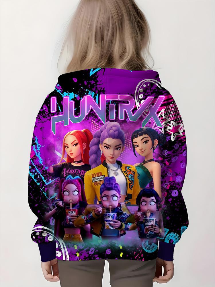 Girls Kpop Demon Hunters Hoodie, Casual Fall Winter Sportswear, Fitted Random Print Design, Durable Outdoor Activities, Christmas Gift