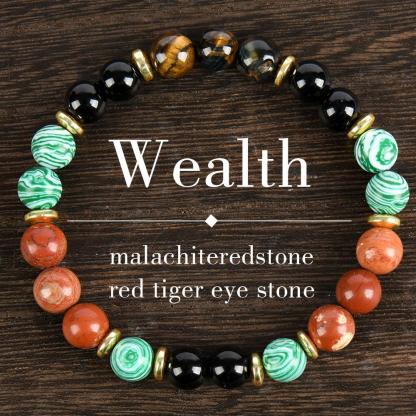 1pc Wealth Attraction Crystal Money Attraction Bracelet With Natural Stones - Malachite, Red Tiger Eye, Redstone, Elastic Fit For Prosperity And Abundance, Ideal Gift For Family And Friends