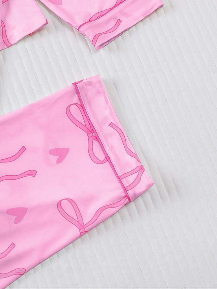 Women's 2-Piece Pajama Set, Bowknot Print, Holiday Party Sleepwear, Soft Shirt Collar Top & Elastic Pants, Casual Home Wear