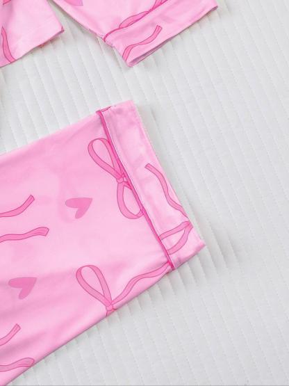 Women's 2-Piece Pajama Set, Bowknot Print, Holiday Party Sleepwear, Soft Shirt Collar Top & Elastic Pants, Casual Home Wear