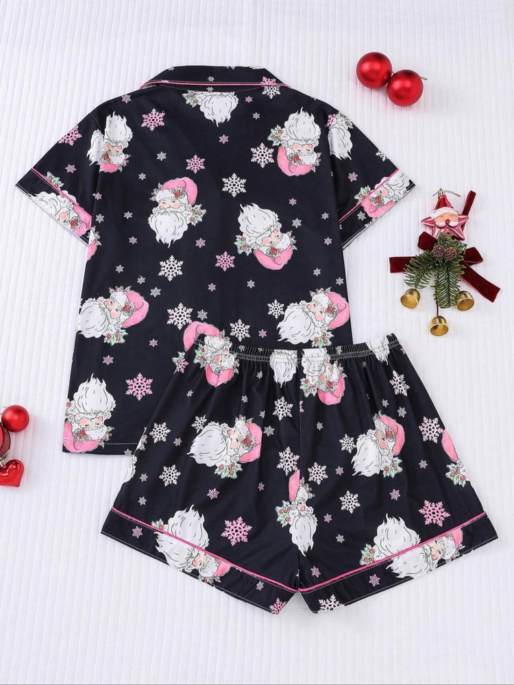 【Christmas】Women's Christmas Pajama Set, Soft Shirt Collar Top & Elastic Shorts, Fitted Casual Home Wear, Holiday Party Sleepwear