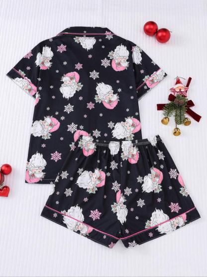 【Christmas】Women's Christmas Pajama Set, Soft Shirt Collar Top & Elastic Shorts, Fitted Casual Home Wear, Holiday Party Sleepwear