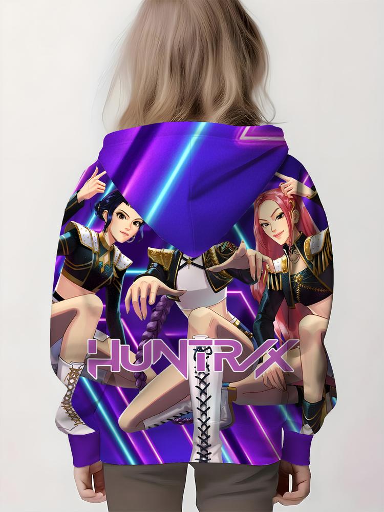 Girls Kpop Demon Hunters Series Stage Style Hoodie, Casual Fall Winter Sportswear, Durable Random Print Design, Christmas Gift