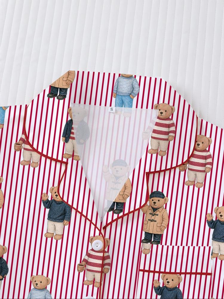 Women's Fall Winter Home Set, Cute Bear Print Pajamas, Casual Long Sleeve Shirt & Elastic Pants, Soft Stretch Fabric, Comfortable