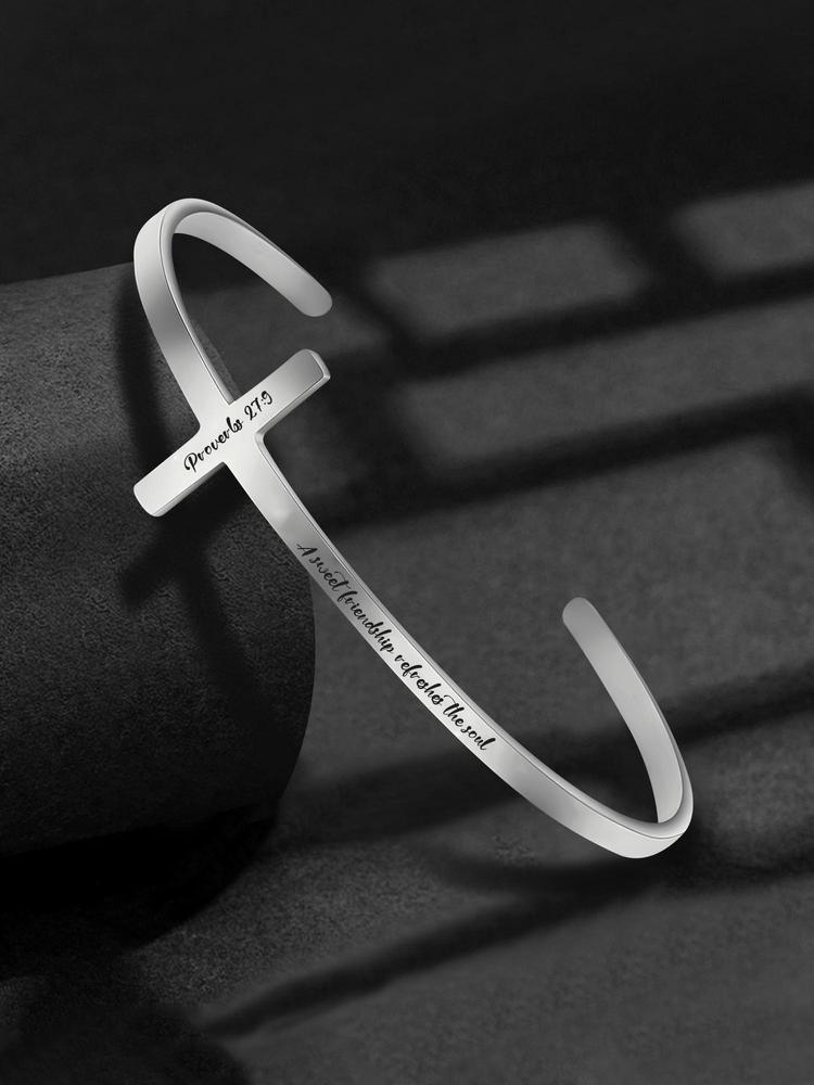 Letter Carved Cross Design Adjustable Bangle, Stainless Steel Bangle Bracelet for Women & Men, Bible Verse Bracelet, Trendy All-match & Exquisite Jewelry for Birthday Gift