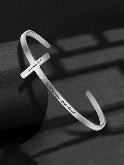 Letter Carved Cross Design Adjustable Bangle, Stainless Steel Bangle Bracelet for Women & Men, Bible Verse Bracelet, Trendy All-match & Exquisite Jewelry for Birthday Gift