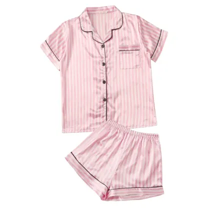 LYANERS Women's Striped Silky Satin Pajamas Short Sleeve Top with Shorts Sleepwear PJ Set Loungewear