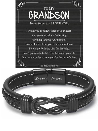 Christmas & Birthday Gifts for Grandson, Artificial Leather Braid Design Bracelet, Casual Style Jewelry with Gift Card Included