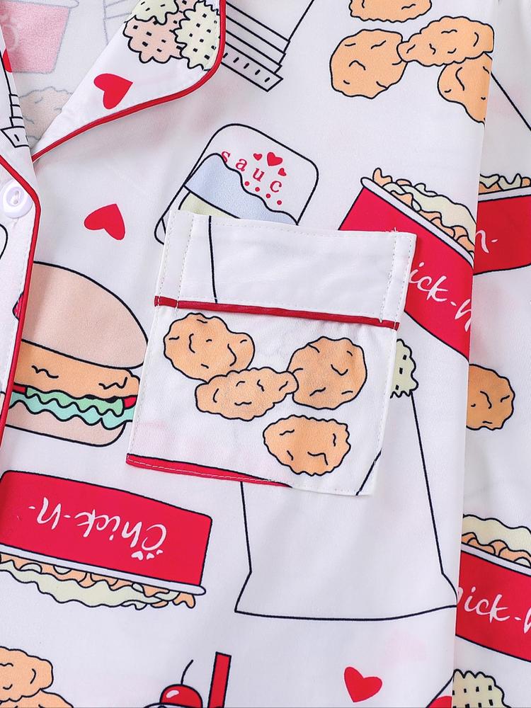 Women's 2-Piece Loungewear Pajama Set, Burger Print, Holiday Party Sleepwear, Soft Shirt Collar Top & Elastic Pants, Casual Home Wear