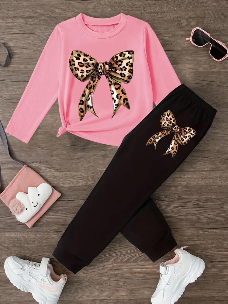 Girls' Leopard Print Bow Long Sleeve T-Shirt & Sweatpants Casual Outfit Set, Spring & Fall Fashion, Comfortable Kids Clothing Gift