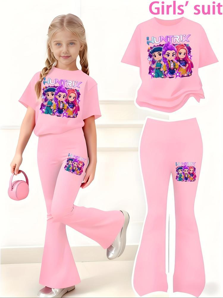 Girls' Kpop Print 2-Piece Set, Casual Sporty Short Sleeve & Bell Bottoms, Comfortable Elastic Waist Pants, Spring Summer