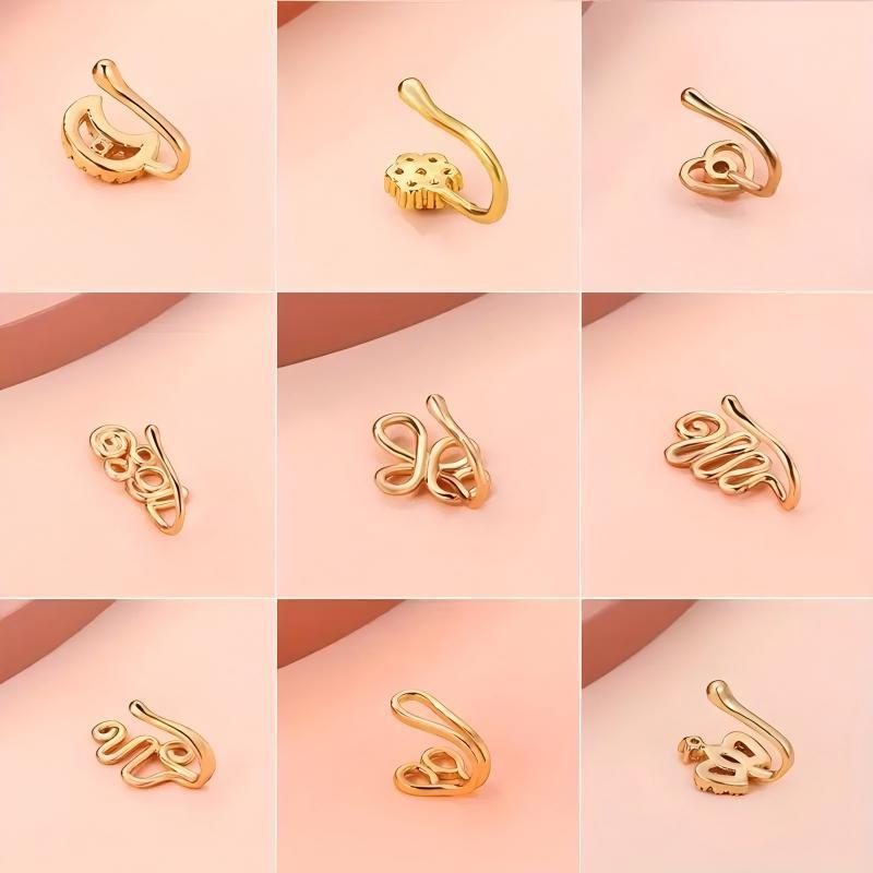 9pcs Nose Ring Jewelry Shape Nose Ring  Copper Non Piercing Nose Rings, U Shape Star Love Crown Nose Clip with Zirconia shape nose nose ring nose ring Punk Rhinestone Clip-On Gold gold  nose protection bracelet cross  septum Stainless Steel Charm