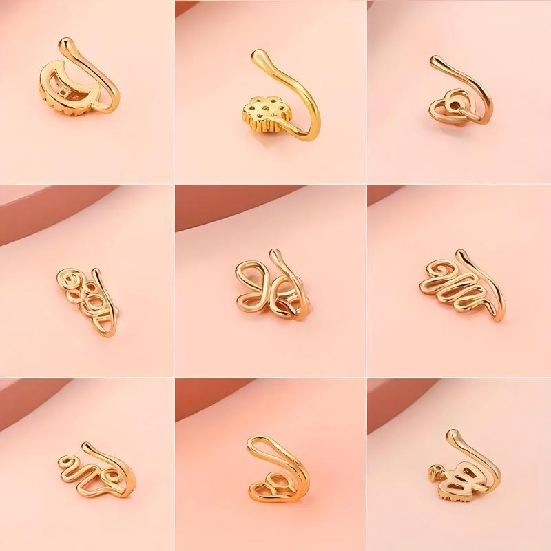9pcs Nose Ring Jewelry Shape Nose Ring  Copper Non Piercing Nose Rings, U Shape Star Love Crown Nose Clip with Zirconia shape nose nose ring nose ring Punk Rhinestone Clip-On Gold gold  nose protection bracelet cross  septum Stainless Steel Charm