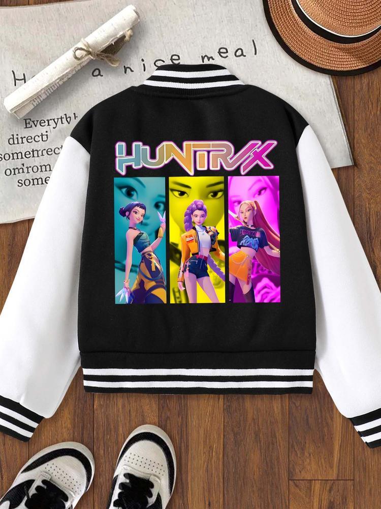 Girls' Halloween Christmas Short Baseball Jacket Coat, Casual Comfy Jacket, Casual Sports School Uniform, Elastic Fabric, Youth Fashion Outerwear