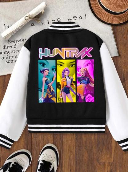 Girls' Halloween Christmas Short Baseball Jacket Coat, Casual Comfy Jacket, Casual Sports School Uniform, Elastic Fabric, Youth Fashion Outerwear