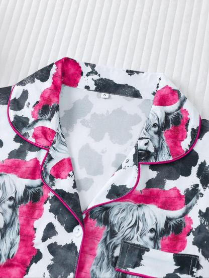 Women's 2-Piece Sleepwear Set, Highland Cow Print, Soft Shirt Collar Top & Elastic Pants, Casual Home Wear for Fall Winter