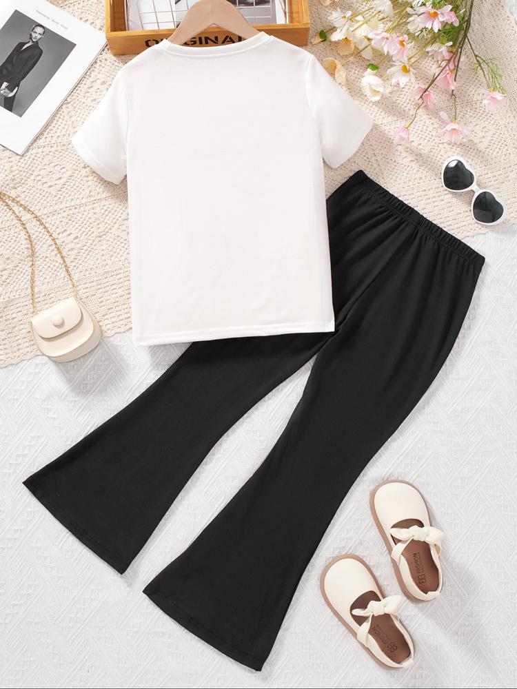 Girls' Kpop-Hunter Girl Print 2-Piece Set, Casual Sporty Short Sleeve Top and Bell Bottom Pants, Comfortable Elastic Waist, Spring Summer