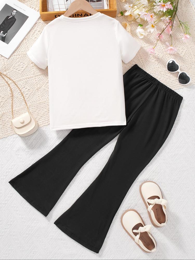 Girls' Kpop-Hunter Girl Print 2-Piece Set, Casual Sporty Short Sleeve Top and Bell Bottom Pants, Comfortable Elastic Waist, Spring Summer
