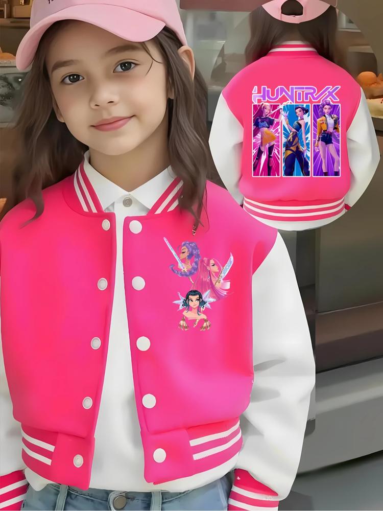 Girls Short Baseball Jacket Coat, Cartoon Design, Elastic Fabric, Street Style, Fall & Winter, Outdoor Indoor Sports Wear, Casual Comfy Jacket
