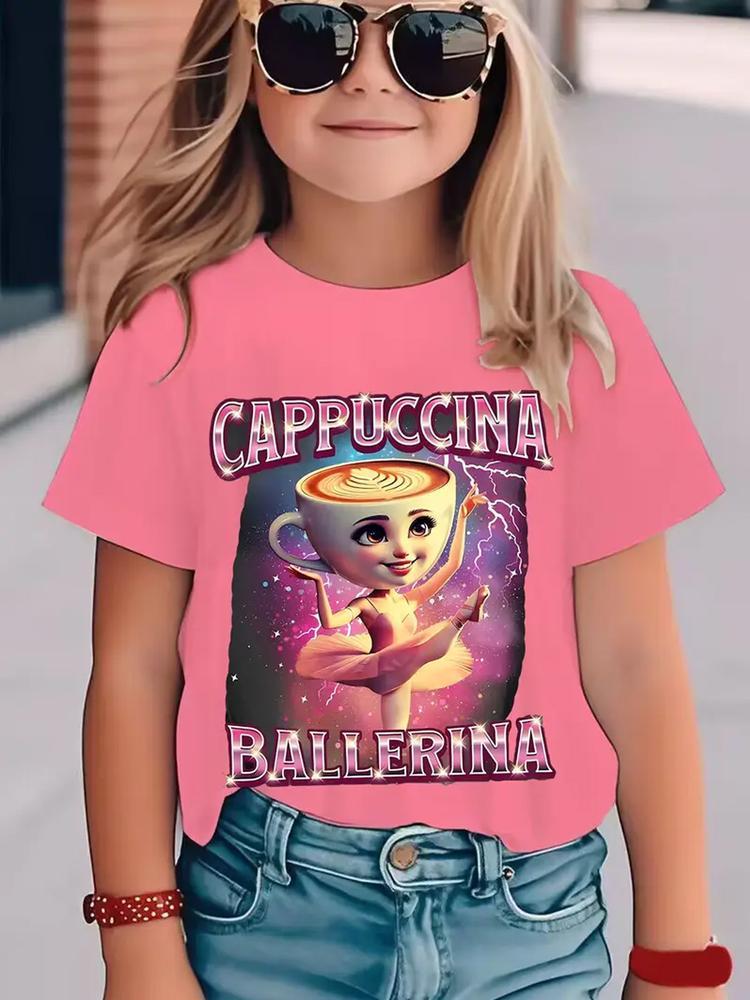 Girls Summer Fashion Cappuccino Coffee Print Short Sleeve T-Shirt, Funny Graphic Tee, Casual Outdoor Wear, Comfortable Fit, Moderate Fabric Thickness