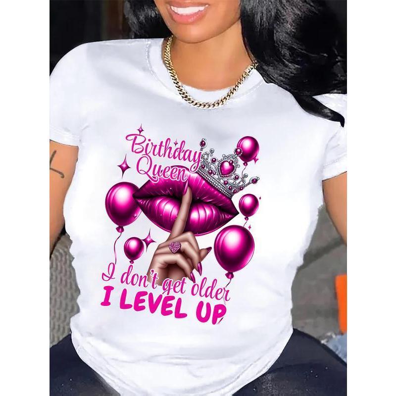 Queen's Birthday Queen Pattern T-shirt Casual round-neck T-shirt with balloon and lip print, suitable for all seasons, Allseason Top Fashion