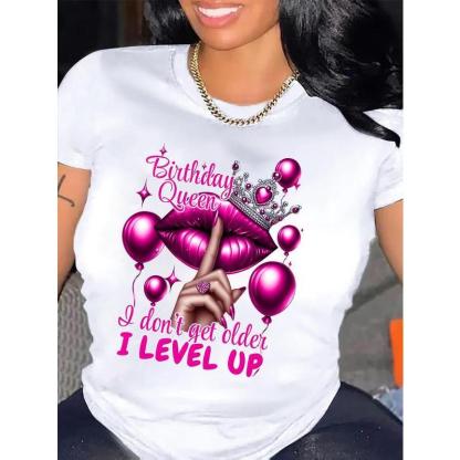 Queen's Birthday Queen Pattern T-shirt Casual round-neck T-shirt with balloon and lip print, suitable for all seasons, Allseason Top Fashion