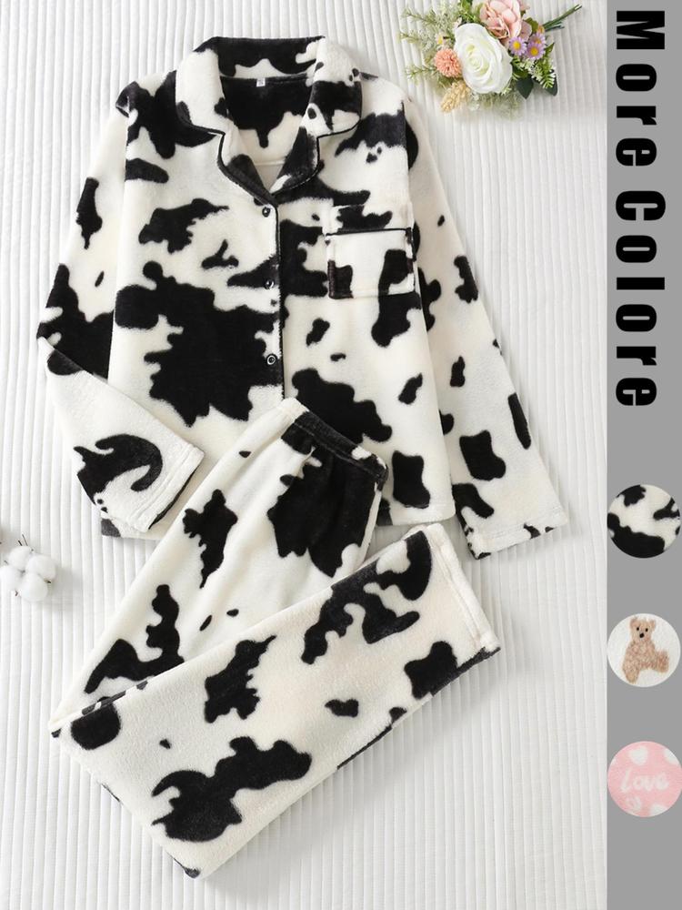 Two-piece Set Women's All Over Cartoon Bear Print Lapel Collar Top & Elastic Waist Pants Pajama Set, Long Sleeve Button Up Top & Pants Pj Set, Women's Sleepwear for Winter