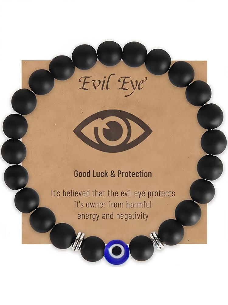 1PC Handmade Natural Stone Bracelet with Evil Eye Pendant, Vintage Bohemian Style Jewelry Gift Set with Good Luck Card Included