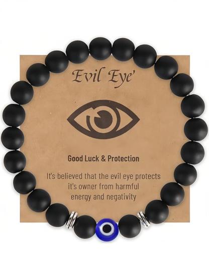 1PC Handmade Natural Stone Bracelet with Evil Eye Pendant, Vintage Bohemian Style Jewelry Gift Set with Good Luck Card Included