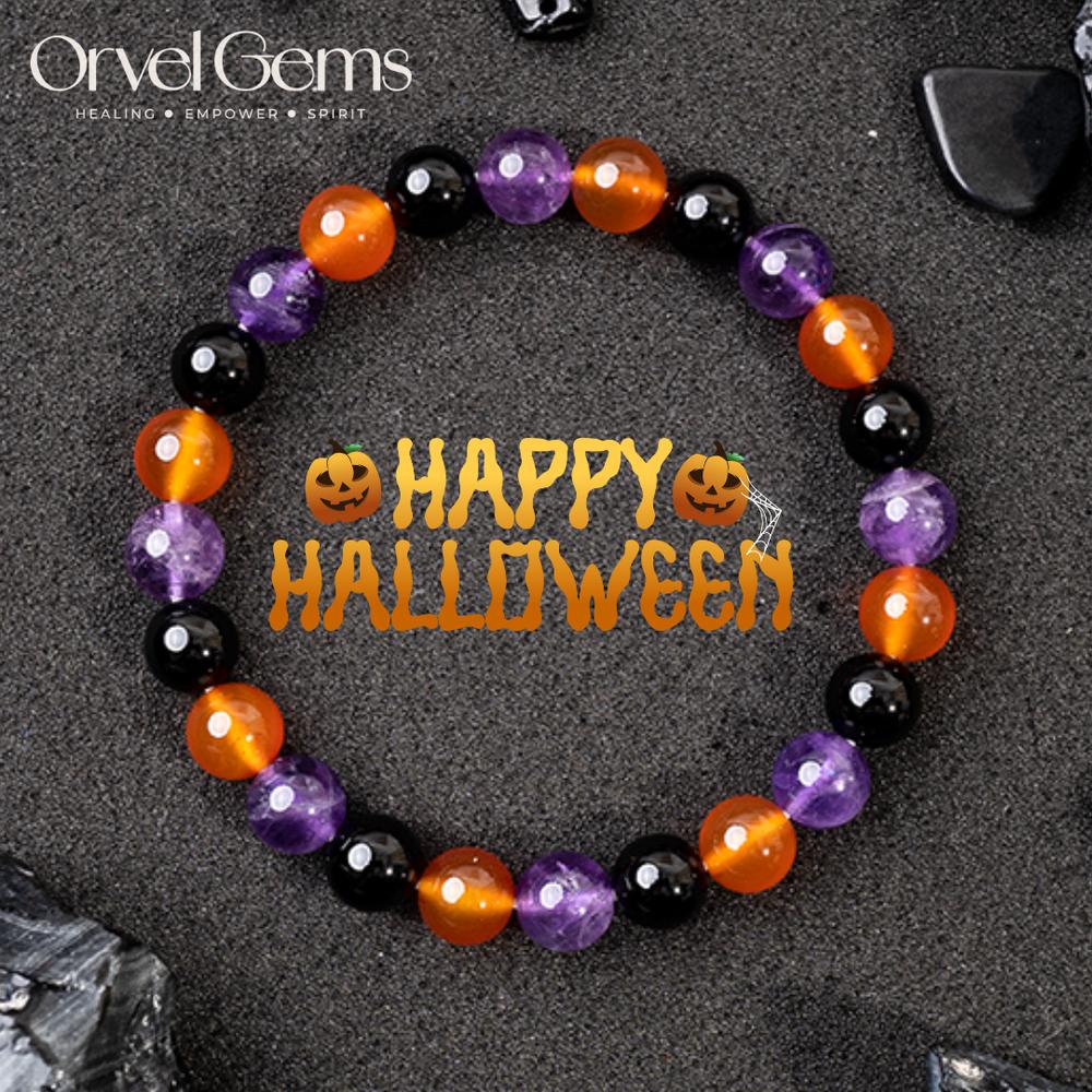 Halloween Protection Crystal Beaded Bracelet – Natural Stone Amethyst Black Onyx Hematite Tigers Eye Agate 8mm beads – Spiritual Grounding, Negative Energy Cleansing, Gift for Women, Men, Friends, Family, Halloween Party, Witchy Jewelry, Protection Amulet