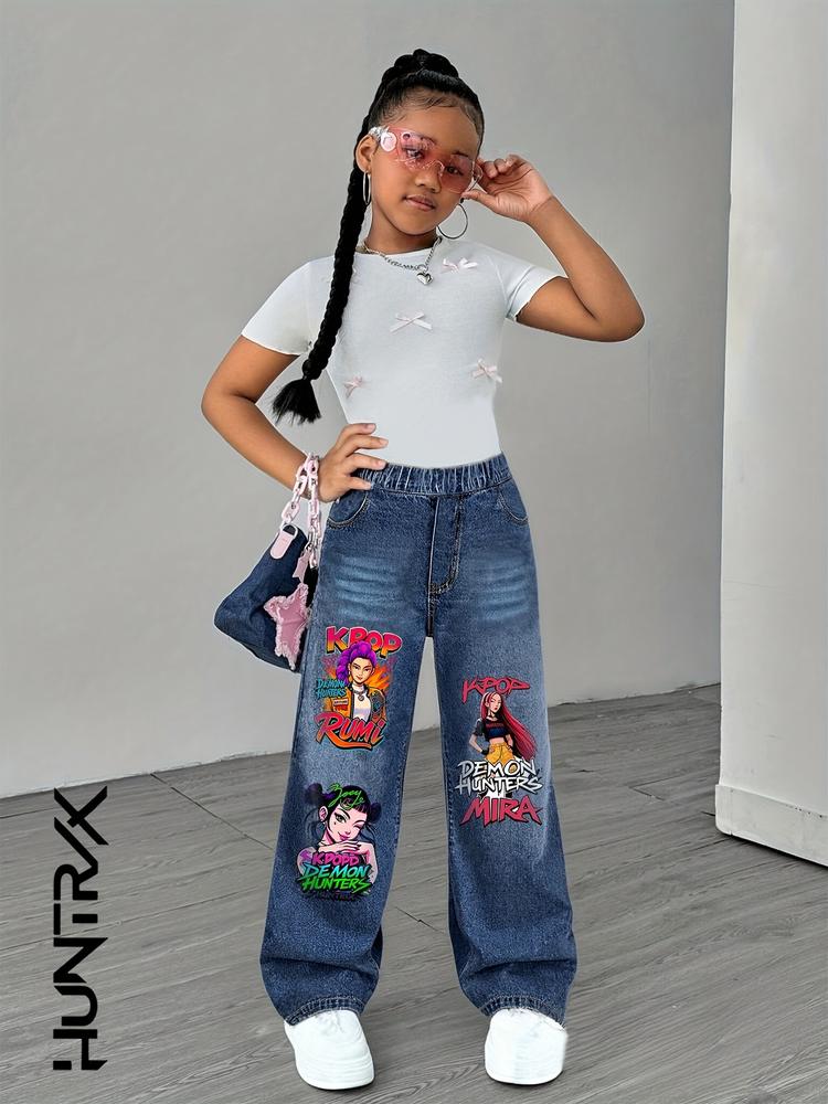 Girls' Graphic Print Jeans, Cartoon Print Pants, Trendy Casual Wear for Ages 8-12, Fitted Denim Jeans for Fall & Winter, Youth Fashion Clothing