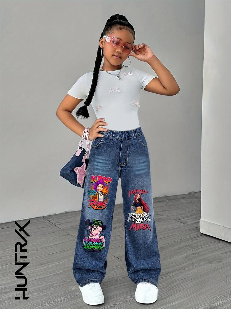 Girls' Graphic Print Jeans, Cartoon Print Pants, Trendy Casual Wear for Ages 8-12, Fitted Denim Jeans for Fall & Winter, Youth Fashion Clothing