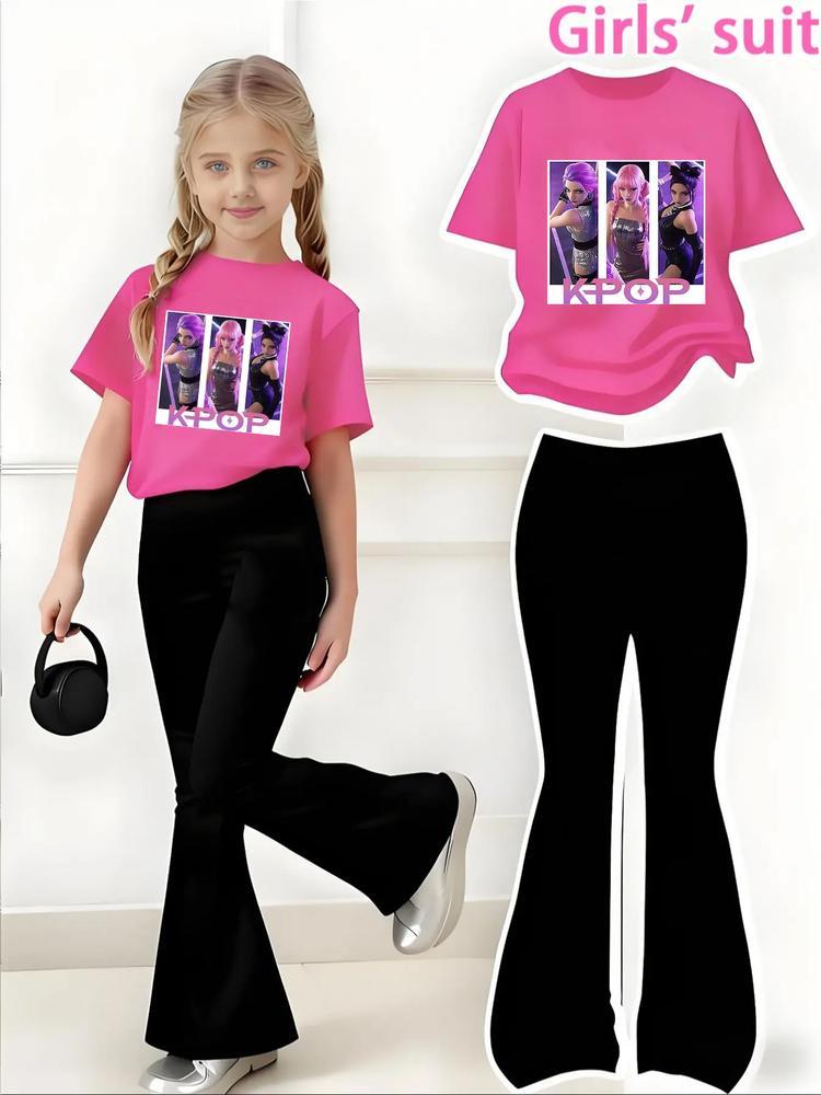 Girls' Kpop-Hunter Girl Print 2-Piece Set, Casual Sporty Short Sleeve Top and Bell Bottom Pants, Comfortable Elastic Waist, Spring Summer